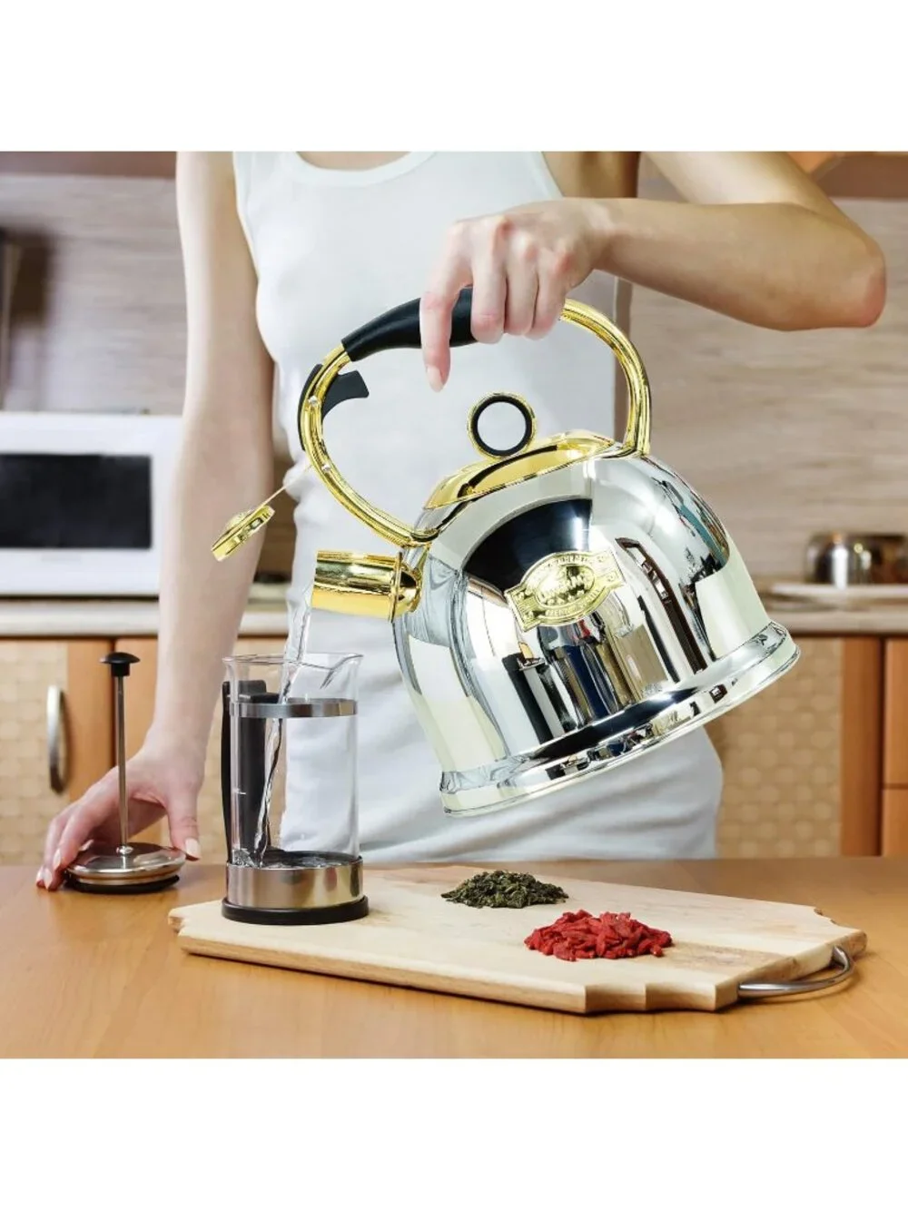 Gold Kitchen Whistling Tea Kettle 3.0 Quart Stainless Steel Stovetop Tea Pot